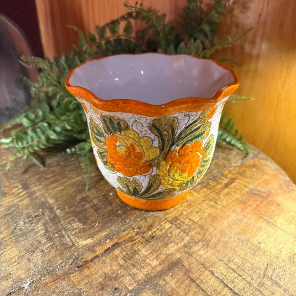 Vintage Italian Fat Lava Planter | 1960s Mid Century Floral Cachepot